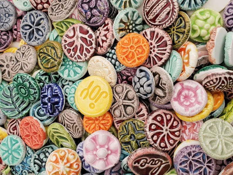 20 CERAMIC mini TILES/cabs Mixed designs glazed Great for MOSAICS, magnets, jewelry designs, and more. Flat back, glazed on the front image 10