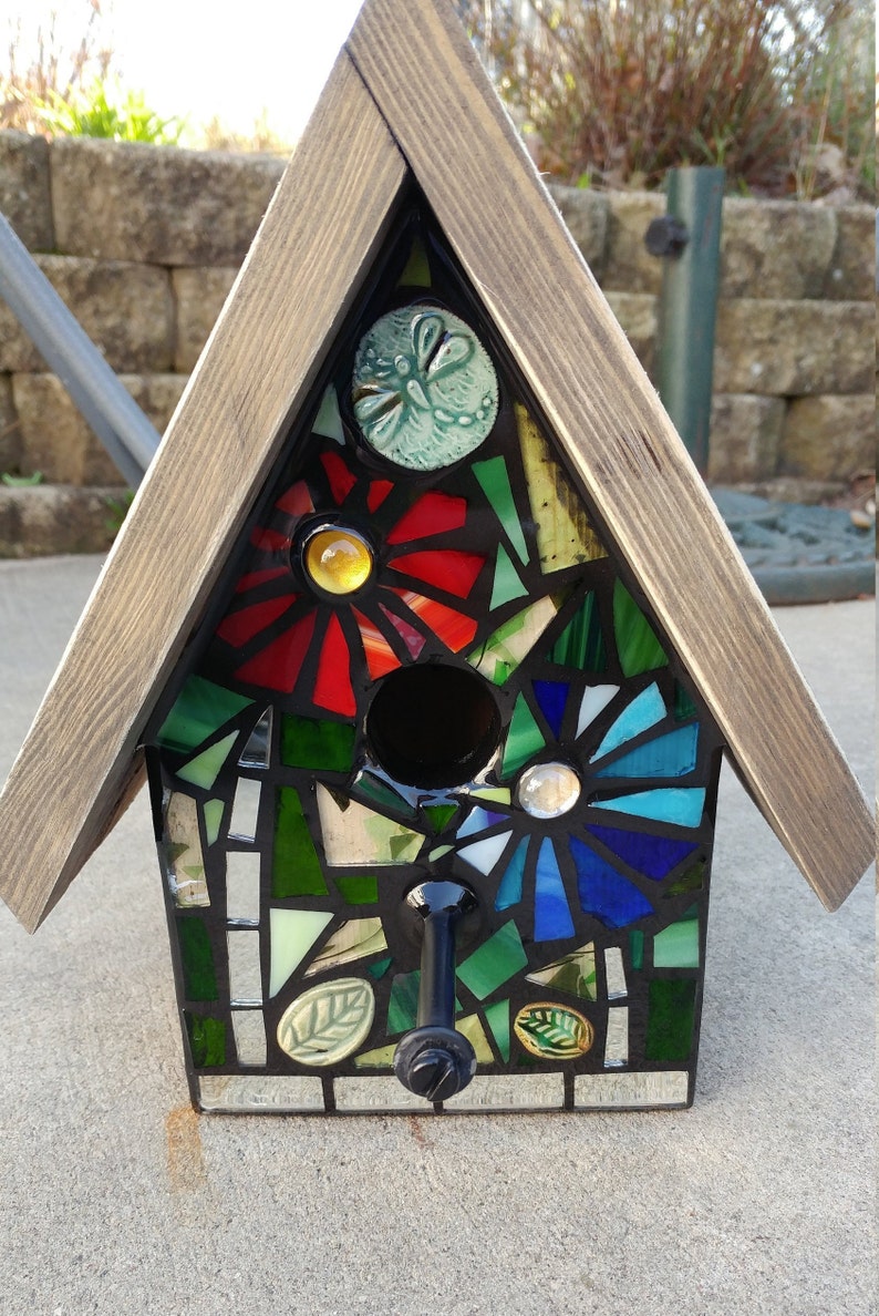 sun FRONT ONLY Mixed Media Stained Glass Mosaic Birdhouse flowers heart rainbow and more! Custom design made to order color mix