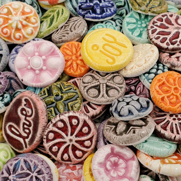 10 CERAMIC mini TILES or Cabs- Mixed designs - glazed - Great for MOSAICS, magnets, jewelry designs, and more! Flat back, glaze on the front