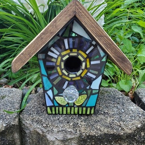 STAINED GLASS Giant Flower MOSAIC Birdhouse made to order Pick Your Color Example is Blue with a Yellow/Orange Center Art for your Yard image 8