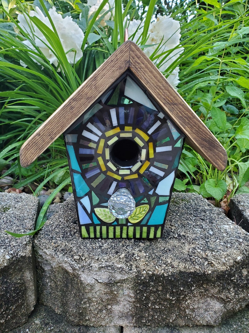 STAINED GLASS Giant Flower MOSAIC Birdhouse made to order Pick Your Color Example is Blue with a Yellow/Orange Center Art for your Yard image 8