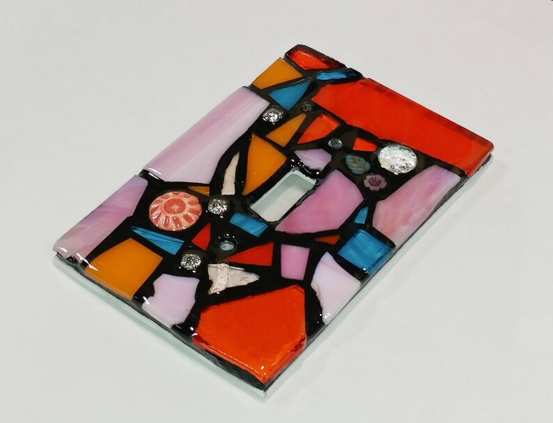 ORAnGEs, PiNKs, & Light BLuE Mix STAINED Glass MOSAIC Light Switch Cover single, double, triple, outlet, or decora gfci made to order image 3