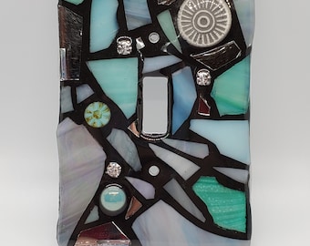 Sea glass, Teal, Grey, White and silver - STAINED GLASS MOSAIC switch cover - single, double, triple, outlet, or decora (flapper style) gfci