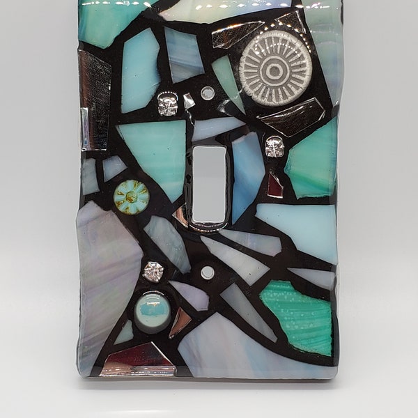 Sea glass, Teal, Grey, White and silver - STAINED GLASS MOSAIC switch cover - single, double, triple, outlet, or decora (flapper style) gfci