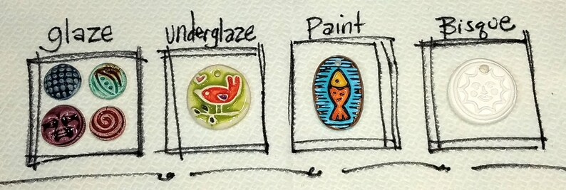 May include: Four ceramic tiles showcasing different finishes: glaze, underglaze, paint, and bisque. The glaze tile features a blue and white geometric pattern, the underglaze tile depicts a red bird on a green branch, the paint tile has a blue and orange fish, and the bisque tile is white with a floral design.