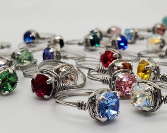Fun SPARKLE Swarovski CRYSTSAL RINGS, wire wrapped in stainless steel, non-tarnish, strong, cute, simple, made to order, ship quickly