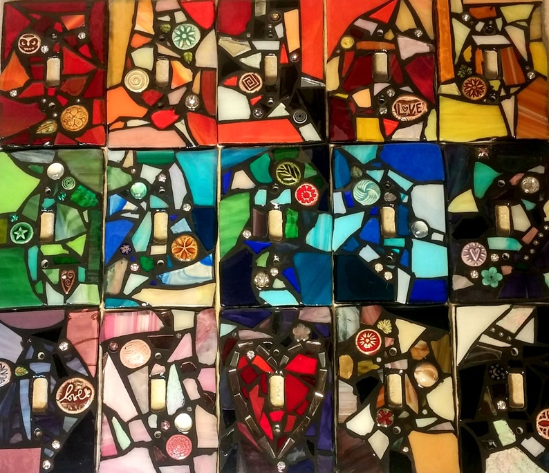 CUSTOM Colors STAINED Glass MOSAIC Light Switch Cover single, double, triple, outlet, or decora flapper style gfci made to order image 1