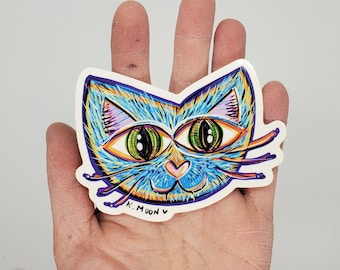 Blue CAT Face vinyl ART STICKER, decal colorful indoor outdoor stick on laptop, car, flask, journal, hand drawn