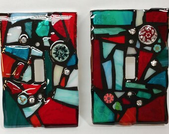 REdS and AQuAS Mix - STAINED Glass MOSAIC Light Switch Cover - single, double, triple, outlet, or decora gfci - made to order