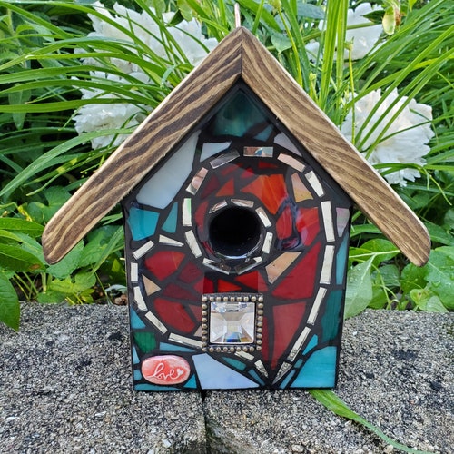 MIxed Media/Stained Glass Mosaic Birdhouse newest FRONT ONLY Design - made to order, Custom design - Rainbow Mix design Shown