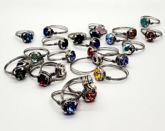 SPARKLY Swarovski CRYSTSAL RINGS, wire wrapped in stainless steel, non-tarnish, strong, cute, simple, made to order, ship quickly