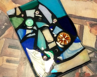 BLUE BEACH Color Mix Glass Mix- Blue/Cream/Aqua - Stained Glass MOSAIC Light Switch Cover -single, double, triple, outlet, or decora gfci