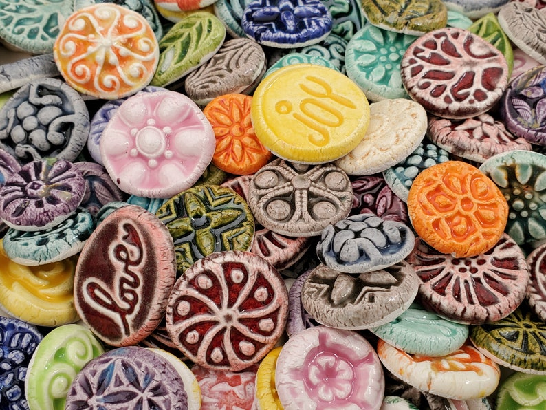 50 CERAMIC mini TILES or Cabs Mixed designs glazed Great for MOSAICS, magnets, jewelry designs, flat back, glaze on the front only image 8