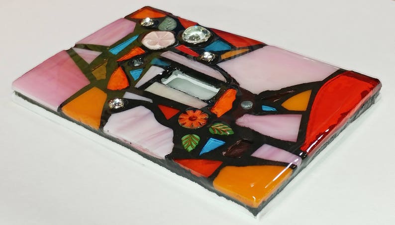 ORAnGEs, PiNKs, & Light BLuE Mix STAINED Glass MOSAIC Light Switch Cover single, double, triple, outlet, or decora gfci made to order image 6