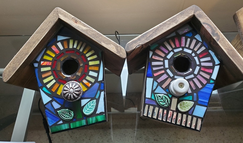 STAINED GLASS Giant Flower MOSAIC Birdhouse made to order Pick Your Color Example is Blue with a Yellow/Orange Center Art for your Yard image 5