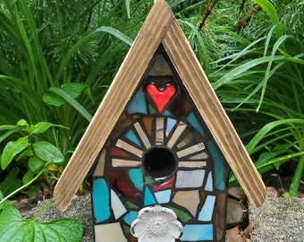 Mixed Media Stained Glass Mosaic Birdhouse - FRONT ONLY - made to order, Custom design - flowers, sun, heart, color mix, rainbow, spiral