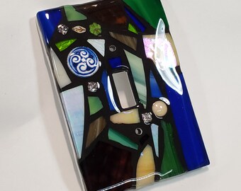 BLUES, GREENS, & BRoWNS stained glass MOSAIC light switch cover plate with resin, made to order, single, double, triple toggle, gfci, outlet