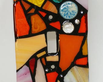 ORANGE and cream Mix- STAINED Glass MOSAIC Light Switch Cover - single, double, triple, outlet, or decora gfci - made to order