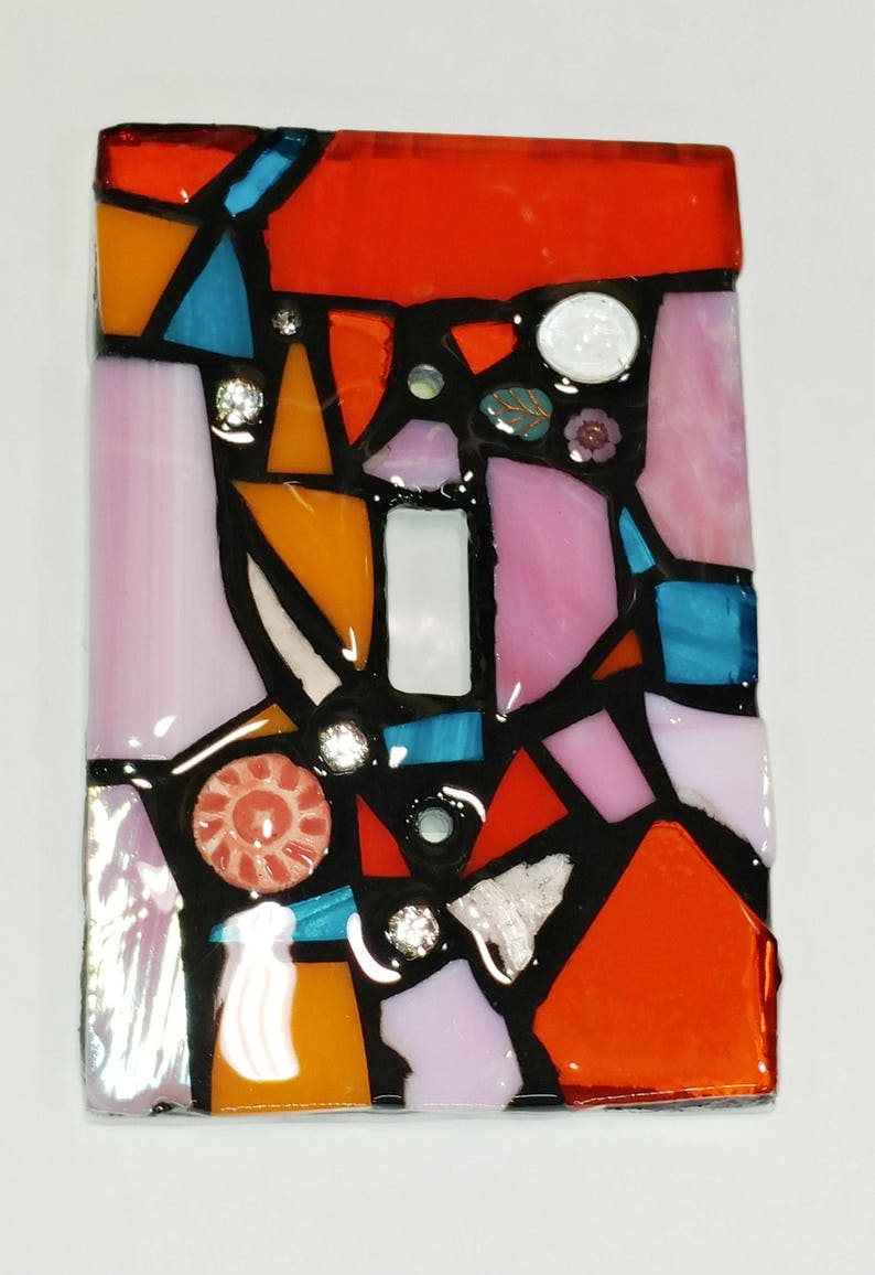 ORAnGEs, PiNKs, & Light BLuE Mix STAINED Glass MOSAIC Light Switch Cover single, double, triple, outlet, or decora gfci made to order image 4