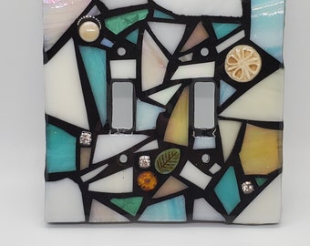 Cream, White, & pale Aqua stained glass MOSAIC light switch cover plate w/ resin, made to order, single, double, triple toggle, gfci, outlet