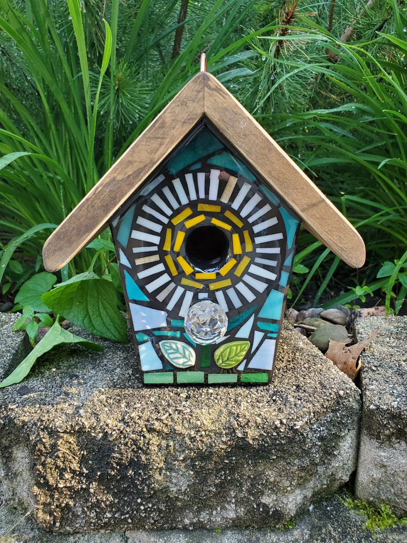 STAINED GLASS Giant Flower MOSAIC Birdhouse made to order Pick Your Color Example is a White Flower with a Yellow center image 1