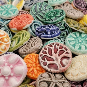 20 CERAMIC mini TILES/cabs Mixed designs glazed Great for MOSAICS, magnets, jewelry designs, and more. Flat back, glazed on the front image 2