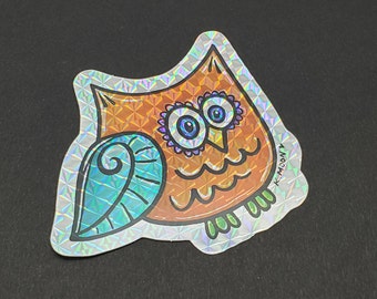 OWL - Holographic - Prismastic vinyl ART STICKER decal, indoor outdoor, hand drawn design, for laptop, journal, skateboard, car, helmet