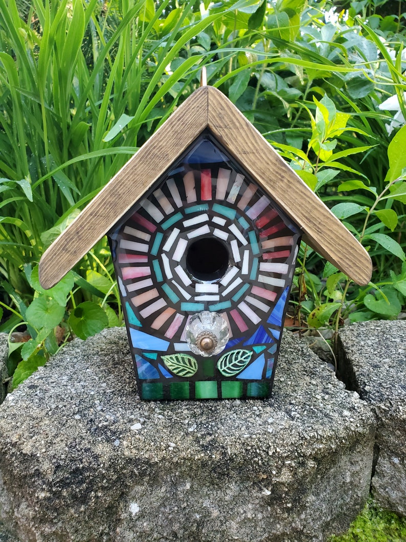 STAINED GLASS Giant Flower MOSAIC Birdhouse made to order Pick Your Color Example is a White Flower with a Yellow center image 8