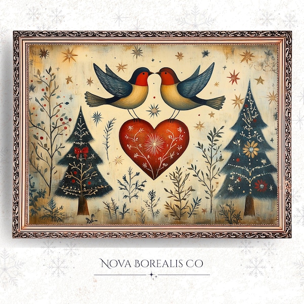 Rustic Christmas Birds Art Print – Scandinavian Folk Holiday Decor (Digital Download 51)