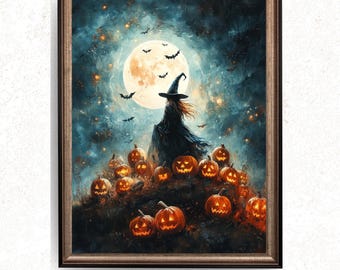 May include: A framed Halloween-themed artwork. The painting depicts a witch in a black dress and hat standing before a full moon, with bats flying around. Carved pumpkins with glowing faces are in the foreground. The text "NOVA BOREALIS CO" is at the bottom.