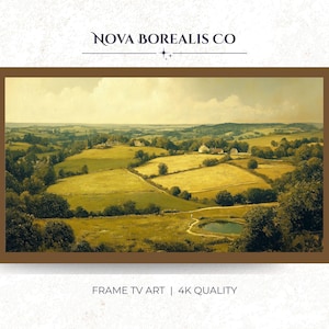 Puede incluir: Una pintura de paisaje enmarcada de colinas y campos verdes bajo un cielo amarillo. La obra de arte está etiquetada como "Nova Borealis Co" y "Frame TV Art | 4K Quality". La pintura presenta un estanque y árboles.