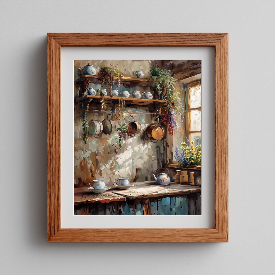 Vintage Kitchen Art Print – Rustic Teacups & Herbs Still Life (digital ...