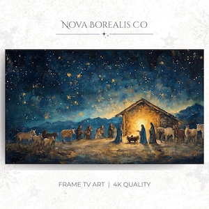 Puede incluir: Pintura digital de una escena de la natividad bajo un cielo estrellado. La obra representa un establo con figuras, animales y el texto "Nova Borealis Co" y "Frame TV Art | 4K Quality".