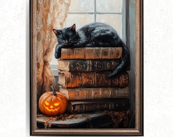 May include: A framed print shows a black cat asleep on a pile of old books by a window. A carved pumpkin with a glowing face sits at the base of the books. The artwork has a warm, autumnal colour palette, creating a cosy atmosphere.