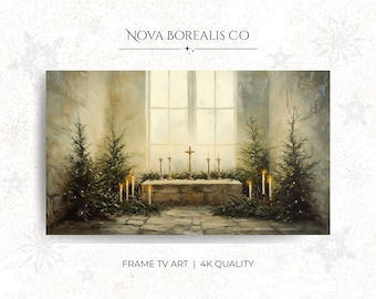 Puede incluir: Pintura digital de un interior de iglesia con una cruz, velas y abetos. La escena está iluminada por una luz suave que proviene de una ventana. El texto en la parte superior dice "Nova Borealis Co" y en la parte inferior "Frame TV Art | 4K Quality".