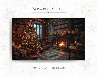 Christmas Library Scene Frame TV Art, Cozy Fireplace (Digital Download 31)