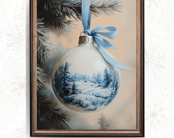 May include: A framed print of a white Christmas ornament with a blue and white winter landscape design. The ornament hangs from a light blue ribbon tied in a bow. The frame is brown, and the print is set against a neutral background. The text "NOVA BOREALIS CO" is at the bottom.