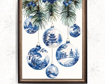 May include: A framed print featuring blue and white Christmas ornaments with Asian-inspired landscape designs. The ornaments hang from evergreen branches with blue berries. The print is framed in a brown wooden frame. The text "NOVA BOREALIS CO" is at the bottom.