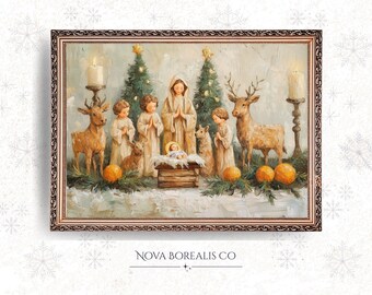 May include: A framed painting depicting a Nativity scene. The artwork features figures of angels, deer, and a baby in a manger, with lit candles and Christmas trees. The painting has a warm color palette and a vintage aesthetic.