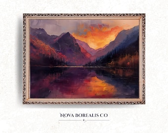 Moody Mountain Landscape Printable - Dramatic Sunset Over Lake, Rustic Nature Art, Bold Colors, Vintage Style Wall Art Digital Download 87