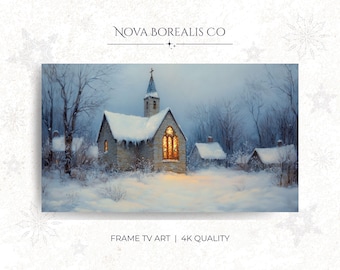 Puede incluir: Una pintura de paisaje invernal que presenta una iglesia cubierta de nieve con una aguja y vidrieras iluminadas. La obra de arte, etiquetada como "Nova Borealis Co", representa una escena serena y nevada con árboles sin hojas y pequeños edificios. También se ve el texto "FRAME TV ART | 4K QUALITY".