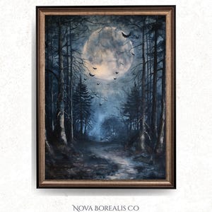 Dark Forest at Night - Moody Woodland Scene with Mist and Bats, Spooky Printable Wall Art, Rustic Haunted Landscape, Digital Painting 18