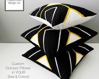 Black & White Sunbrella Pillow Cover, Modern Geometric Pillow Cover, Decorative Yellow PillowCover, Cushion Cover, Mazizmuse, Arabesk