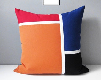 Decorative Outdoor Pillow Cover, Orange & Blue Pillow Cover, Modern Red Color Block Pillow Cover, Sunbrella Nautical Cushion Cover, Chester