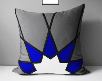 Decorative Royal Blue & Grey Outdoor Pillow Cover, Geometric Pillow Cover, Modern Mandala, Gray True Blue Sunbrella Cushion Cover Mazizmuse