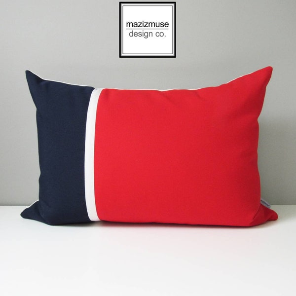 Logo décoratif rouge et bleu marine extérieur taie d'oreiller, bloc de couleur moderne, bleu blanc rouge taie d'oreiller, housse de coussin Sunbrella, Americana