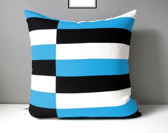 Decorative Cyan Outdoor Pillow Cover, Black & White Throw Pillow Cover, Modern Blue Pillow Cover, Sunbrella Cushion Cover, Mazizmuse Blocks