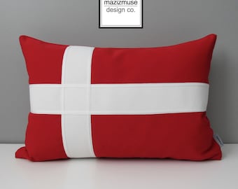 Danish Flag Pillow Cover, Denmark Flag, Decorative Pillow Case, Red White Scandinavian Cross, Sunbrella Outdoor Cushion Cover, Dansk 12"x18"