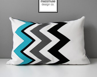 Turquoise Blue Chevron Pillow Cover, Decorative Outdoor Pillow Cover, Black White & Grey Throw Pillow Case, Modern Sunbrella® Cushion Cover