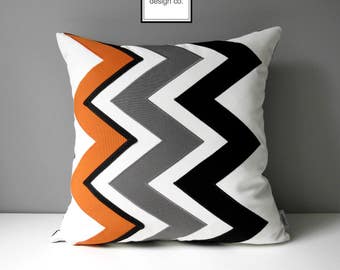 Orange Chevron Pillow Cover, Modern Outdoor Sunbrella Pillow Cover, Decorative Black White Geometric Pillow Cover, Cushion Cover, Mazizmuse